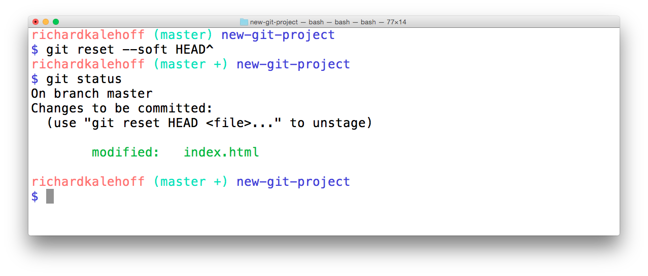 _The Terminal application showing the result of resetting with the `--soft` flag. The changes are moved to the Staging Index._